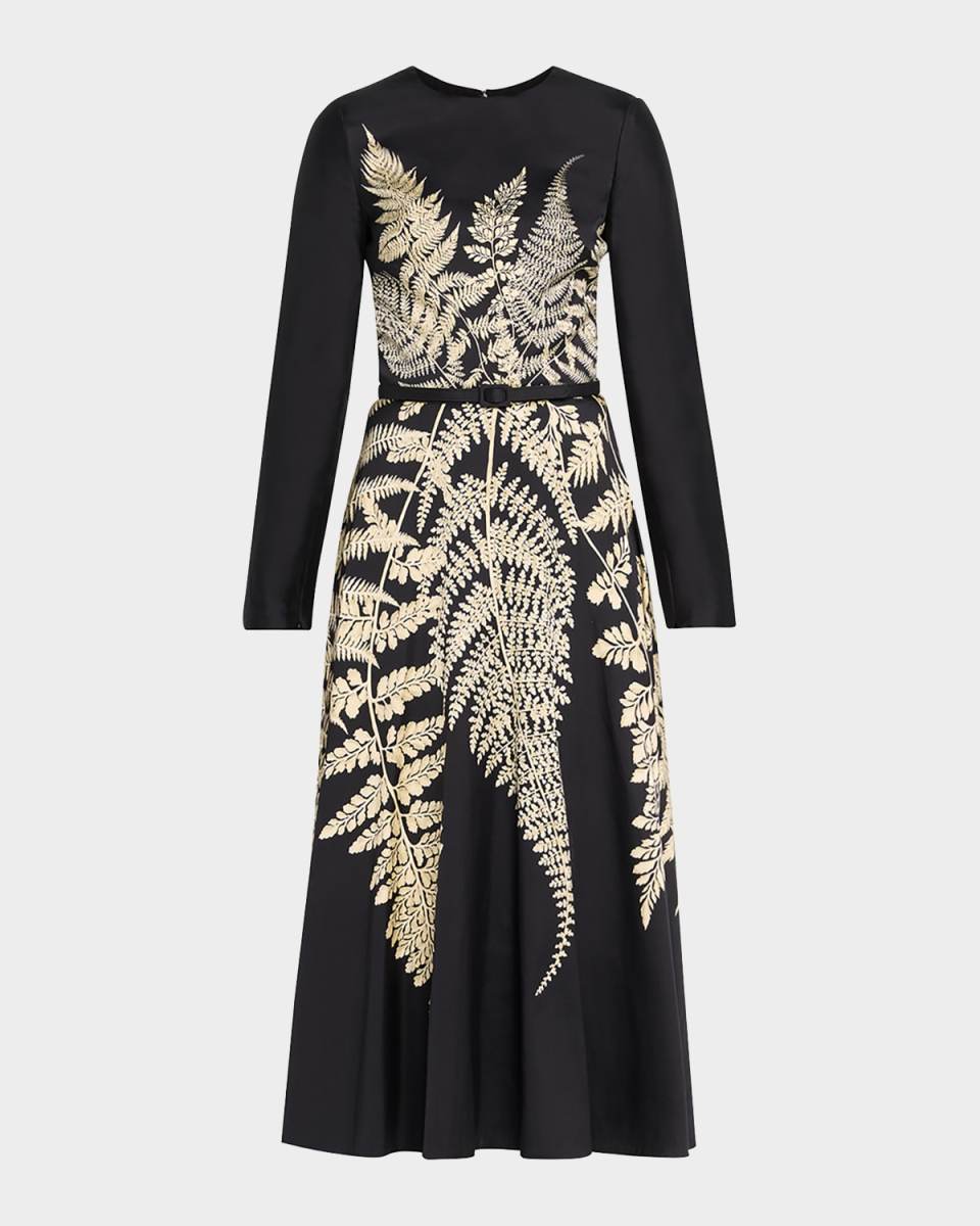 Fern-Print Long-Sleeve Midi Dress